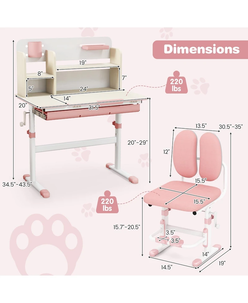Gouun Kids Height Adjustable Children School Home Study Table and Chair Set with Tilted Desktop for 3-12 Years Old