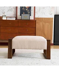 Vintage-Inspired Beige Ottoman with Wooden Legs, Stylish Footrest for Living Room, Bedroom, and Small Spaces-The Pop Home