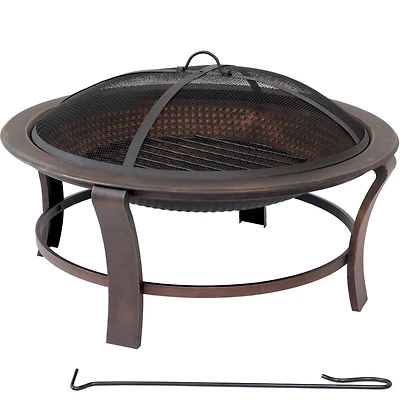 Outdoor Portable Camping or Backyard Elevated Round Fire Pit Bowl with Stand, Spark Screen, Wood Grate, and Log Poker - 29" - Bronze