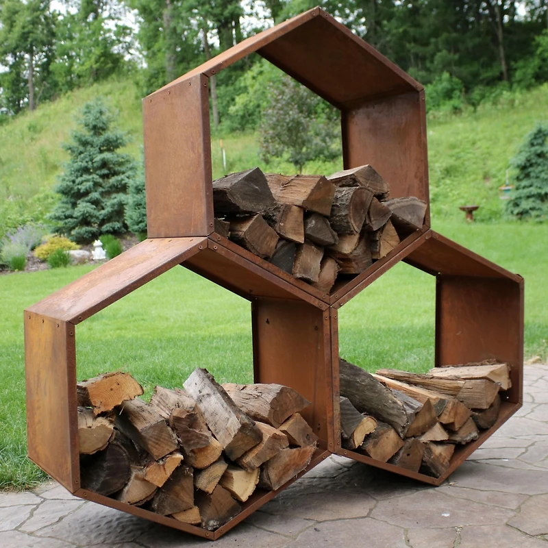Indoor/Outdoor Heavy-Duty Steel Hexagon Honeycomb Fire Pit or Fireplace Firewood Log Rack Holder - 30
