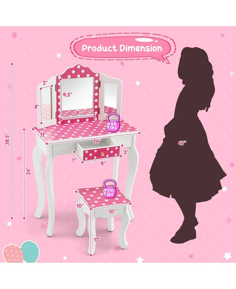 Gouun Kids Vanity Table and Stool Set with Cute Polka Dot Print