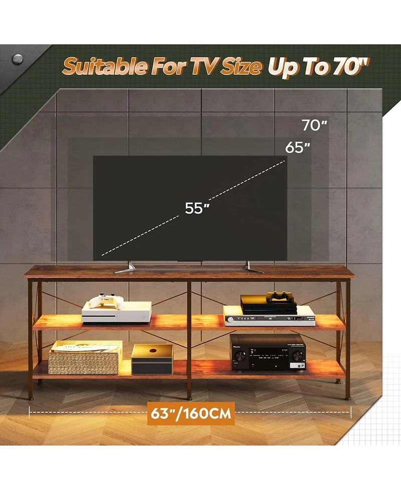 Wlive Tv Stand for 65 70 inch Tv with Led Lights Gaming Entertainment Center with Storage Industrial Tv Console for Living Room Long 63" Led Tv Cabine