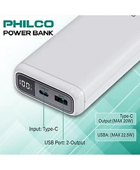 Philco Power Bank 20000mAh, Pd 22.5W Fast Charger, Portable External Battery Pack with Usb-c & Usb-a Outputs