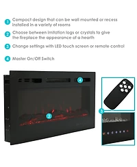 Modern Flame Wall-Mounted or Recessed Indoor Electric Fireplace with Led Lights - Black Finish