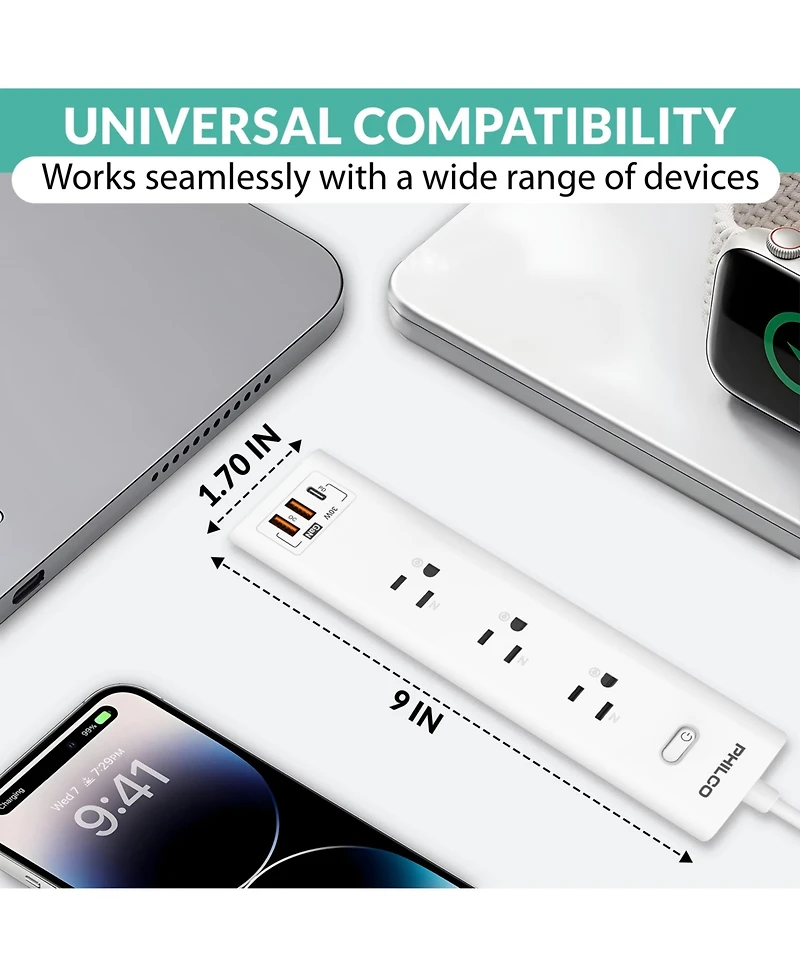Philco 30W Wall Outlet, 1.8 Meter Ac Plug, 1 Usb-c, 2 Usb-a, Ocp Switch, 110-220V, Safe and Durable for Home