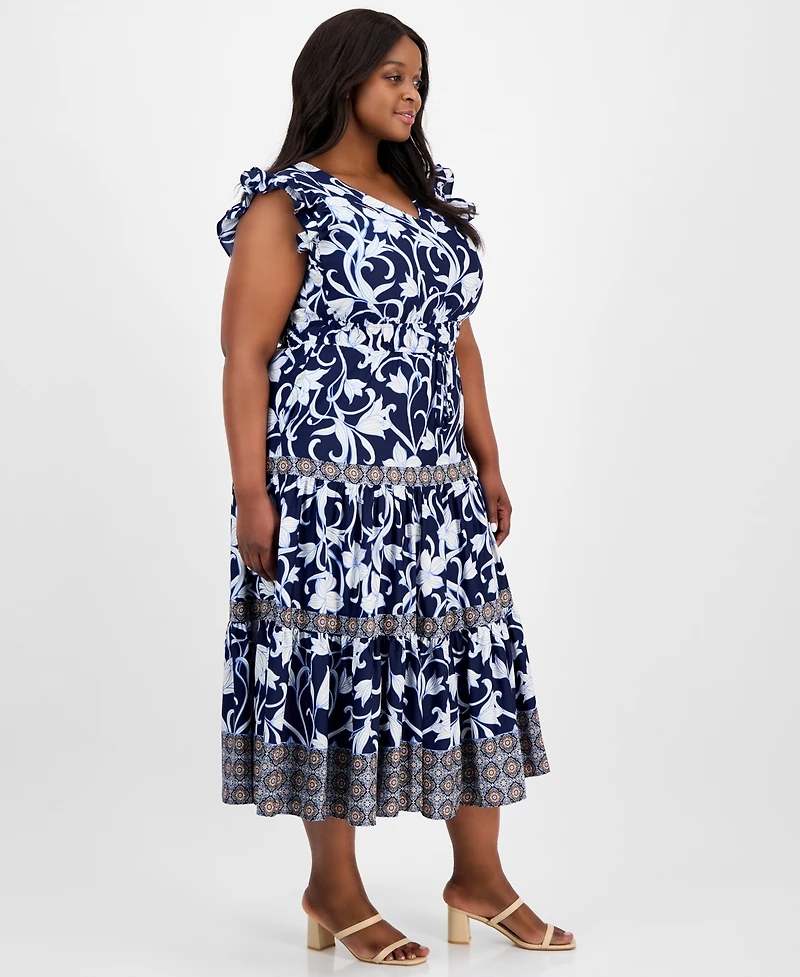 Anne Klein Plus Size Mixed-Print Tiered Maxi Dress