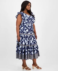 Anne Klein Plus Size Mixed-Print Tiered Maxi Dress