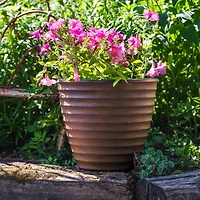 Indoor/Outdoor Round Ribbed Polyresin Planter Pot with Double Wall Design - Rust