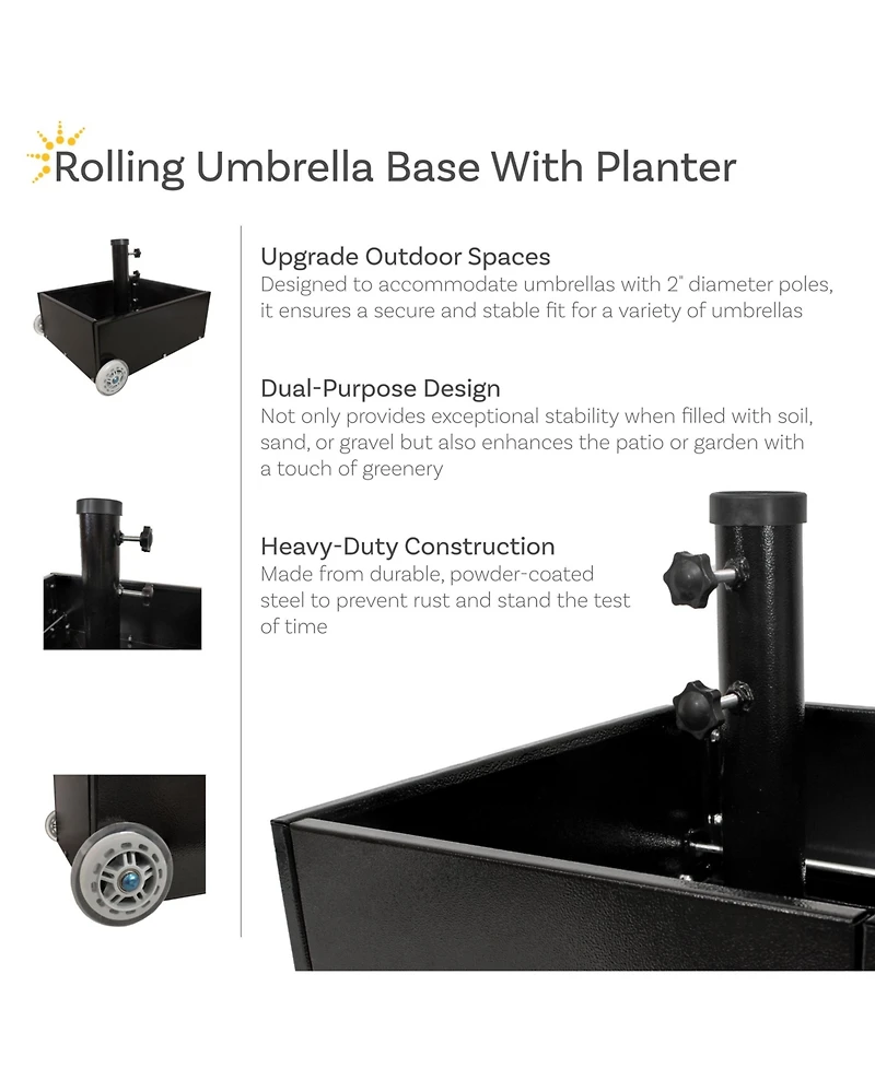Rolling Outdoor Umbrella Base with Fillable Planter for Umbrellas 2" Diameter Poles