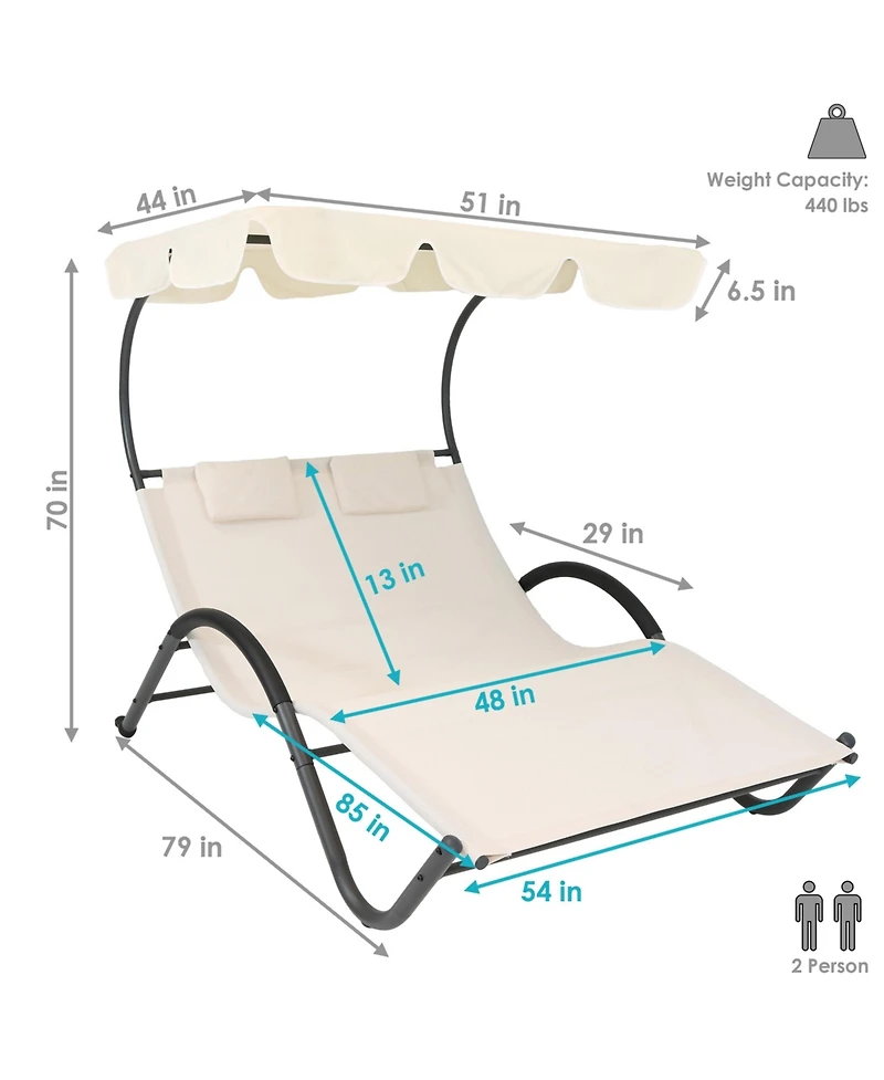 Outdoor Double Chaise Lounge with Canopy Shade and Headrest Pillows, Beige