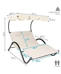 Outdoor Double Chaise Lounge with Canopy Shade and Headrest Pillows, Beige