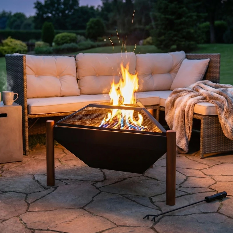 Outdoor Camping or Backyard Steel Triangle Fire Pit with Wood Grate, Log Poker, and Spark Screen - 31" - Copper Finish