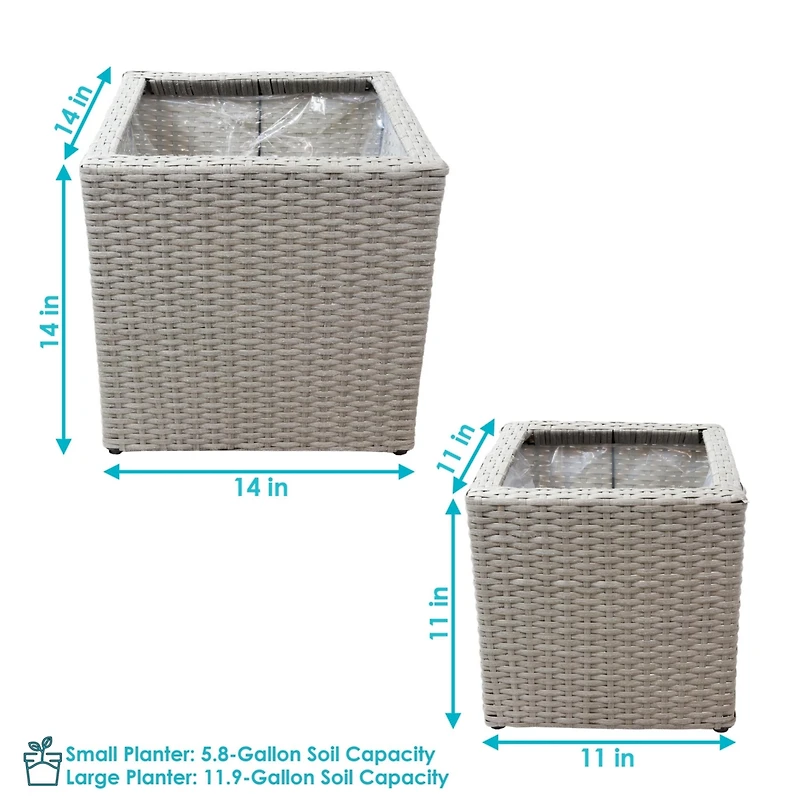 Square Indoor Polyrattan Planters with Attached Clear Polypropylene Liner 14" Square x 11" H and 14" Square x 11" H