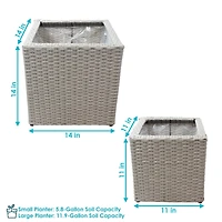 Square Indoor Polyrattan Planters with Attached Clear Polypropylene Liner 14" Square x 11" H and 14" Square x 11" H