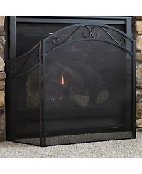 Folding 3-Panel Steel Fireplace Screen with Elegant Scroll Design - Black