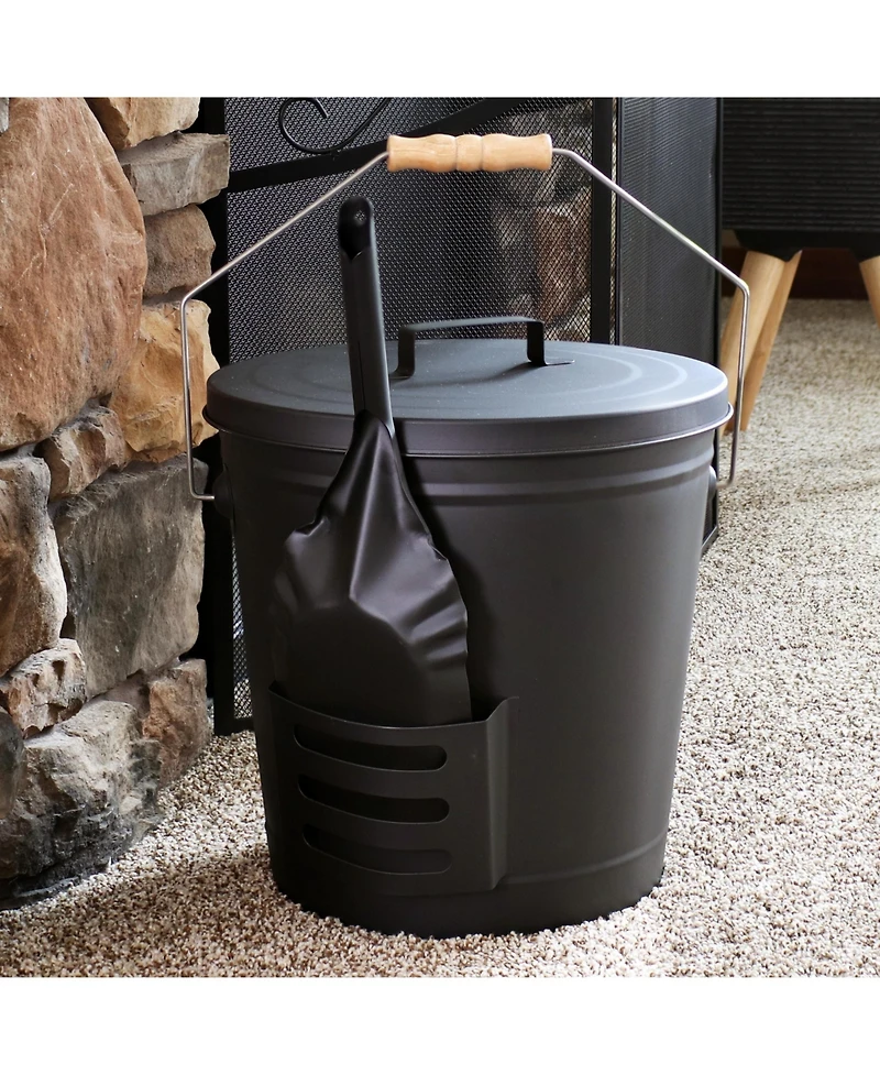 Steel Fireplace Ash Bucket with Lid, Shovel and Brush