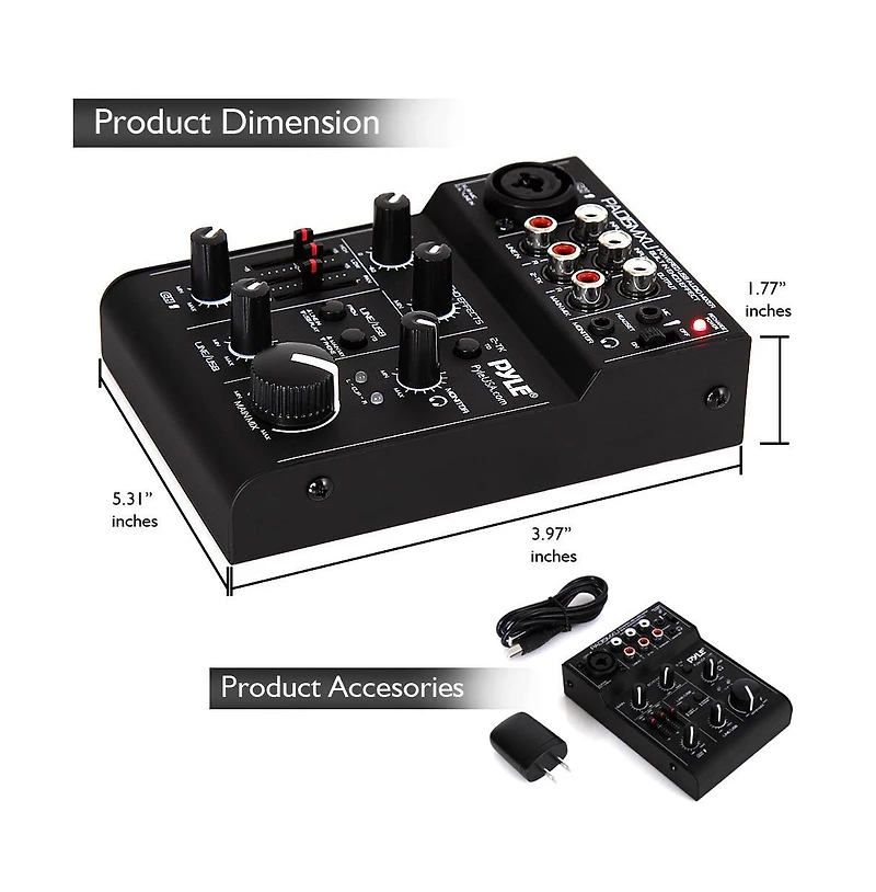 Pyle 3-Channel Usb Audio/Sound Mixer with Rechargeable Battery