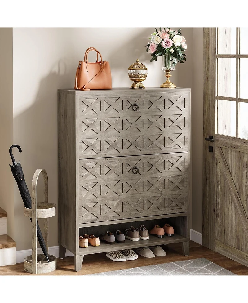 Tribesigns Shoe Cabinet with 2 Flip Drawers, Narrow Storage Organizer for Entryway, Freestanding Wood Rack Adjustable Shelves