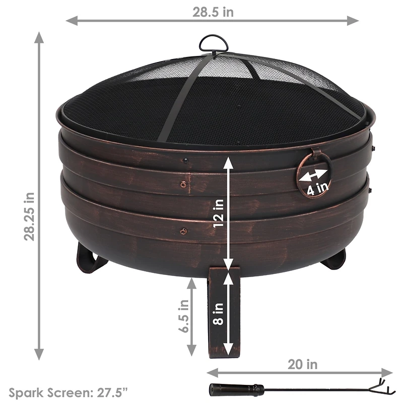 Heavy-Duty Steel Cauldron Fire Pit with Spark Screen and Pvc Protective Cover - 28.5-Inch Round - Brushed Bronze