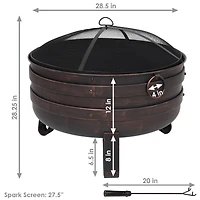 Heavy-Duty Steel Cauldron Fire Pit with Spark Screen and Pvc Protective Cover - 28.5-Inch Round - Brushed Bronze