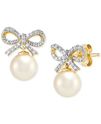 Honora Cultured Freshwater Pearl (6-6-1/2mm) & Diamond (1/6 ct. t.w.) Bow Earrings in 14k Yellow Gold