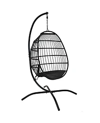 Dalia Resin Wicker Hanging Egg Chair with - Teal Polyester Cushions and Powder-Coated Steel Stand - 81 Inches H