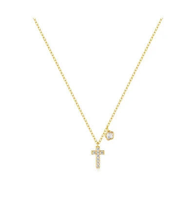 Hollywood Sensation Gold-Plated Sterling Silver Cross Necklace with Sparkling Cz and Floral Charm