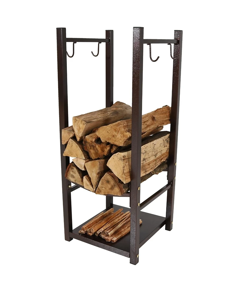Indoor/Outdoor Steel Fire Pit or Fireplace Firewood Log Rack Holder with Hooks - 32"