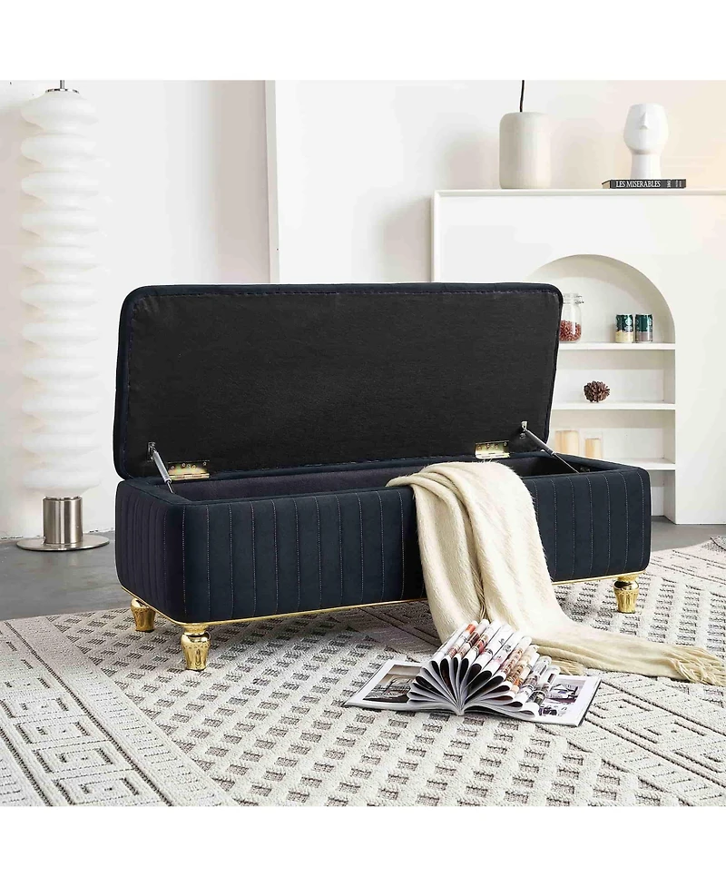 47.24" W Velvet Storage Ottoman Bench with Gold Embroidery, Modern Footstool for Living Room & Bedroom-The Pop Home