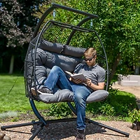 Andrei Double Hanging Egg Chair with Stand - 2-Person Outdoor Egg Chair - Includes Steel Stand and Cushion - Dark Gray
