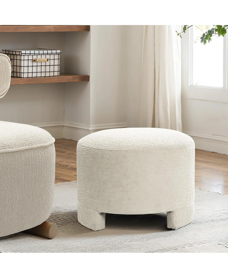 LuxenHome Upholstered Cream Modern Round Ottoman