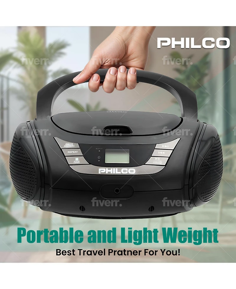 Philco Wired Bluetooth Boombox with Cd Player Compatible with MP3/Wma/Cd-r/Cd-rw, Fm Radio, 3.5mm Aux Input,Stereo Sound,Led Display