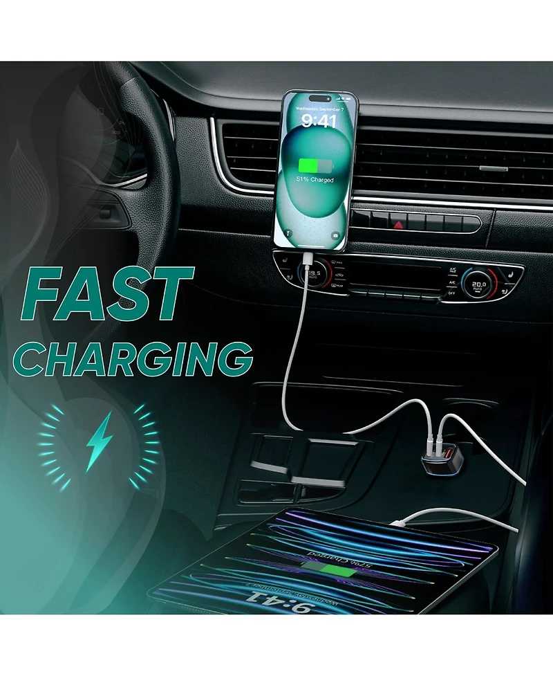 Philco Car Charger PD45W, 2 Usb-c + 1 Usb-a Fast Charging Adapter, Compact 12V/24V Vehicle Charger