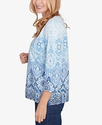 Alfred Dunner Women's Classic Split Beaded Neck Ombre Medallion Top