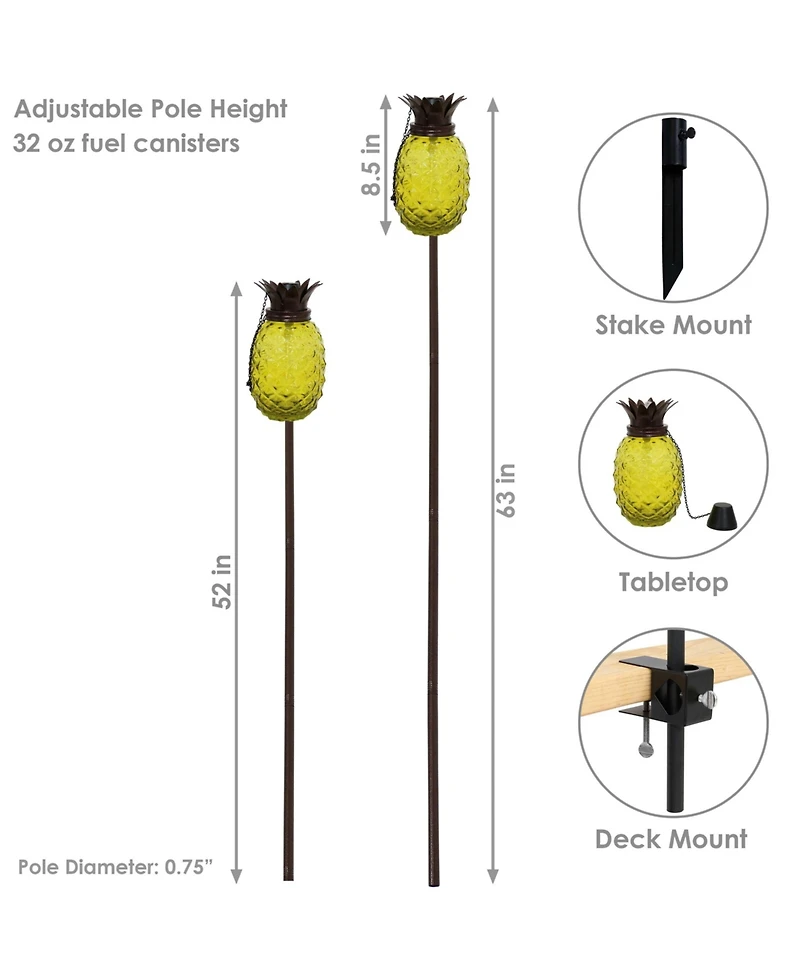 Outdoor Adjustable Height 3-in-1 Glass Tropical Pineapple Torches with Connected Snuffs and Metal Poles - 2pk