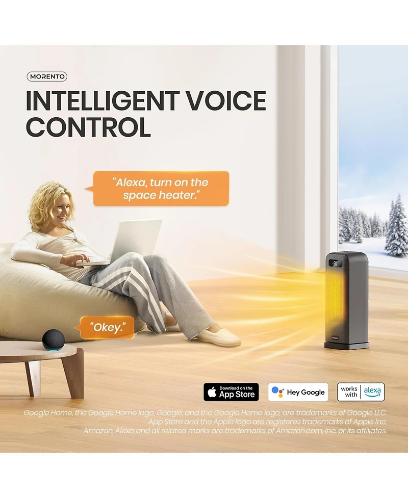Morento Smart Space Heater, 1500W Electric Heater with Wi-Fi & Voice Control, Portable Heaters with Thermostat for Indoor Use, 12H Timer