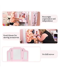 Beauty Bliss Mdf Kids' Vanity Table with Tri-Fold Mirror and Matching Stool - Pink