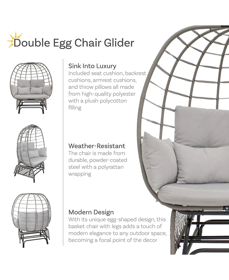 Outdoor Polyrattan Double Egg Chair Glider with Cushions and Pillows - Gray