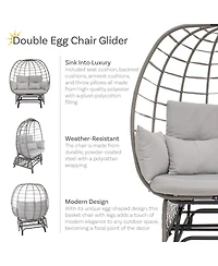 Outdoor Polyrattan Double Egg Chair Glider with Cushions and Pillows - Gray