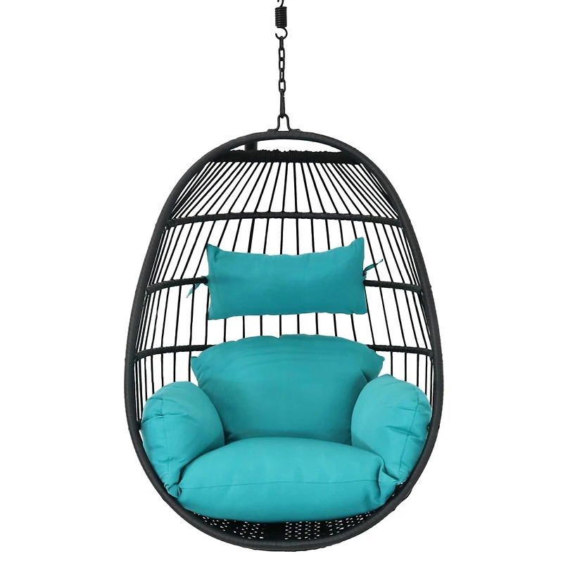 Dalia Black Steel and Polyethylene Wicker Hanging Egg Chair with Teal Polyester Seat Cushions - 45-Inch Tall