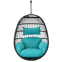 Dalia Black Steel and Polyethylene Wicker Hanging Egg Chair with Teal Polyester Seat Cushions - 45-Inch Tall