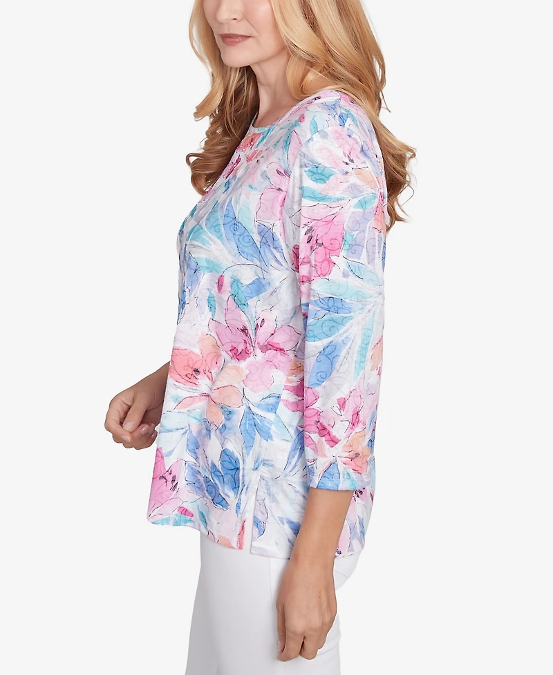Alfred Dunner Petite Classics Floral Spray Crewneck Top
