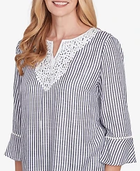 Alfred Dunner Petite Classics Embroidered Split Neck Striped Top