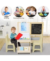 gaomon Wooden Easel for Kids, Kids Art Table and 2 Chairs,Art Center with Double-Sided Blackboard & Whiteboard