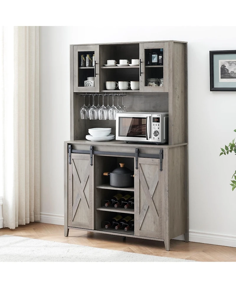 gaomon 70" Farmhouse Bar Wine Cabinet with Sliding Barn Doors, Coffee Liquor Cabinets with Storage Shelves and Glasses Rack for Kitchen