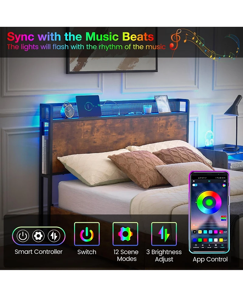 gaomon Queen Size Bed Frame with Led Lights and Usb Charging Ports Headboard