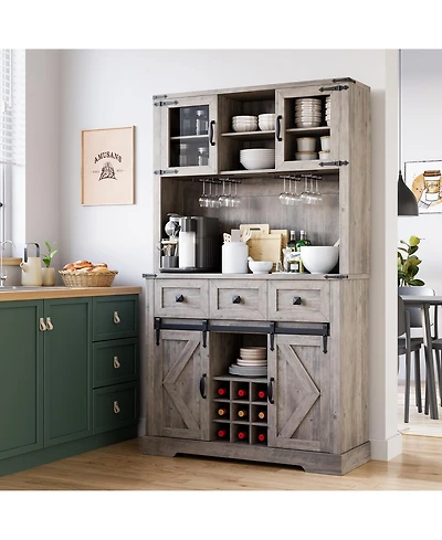 gaomon 72" Farmhouse Bar Cabinet with Sliding Barn Door, Tall Kitchen Buffet with Storage Hutch and 3 Drawer