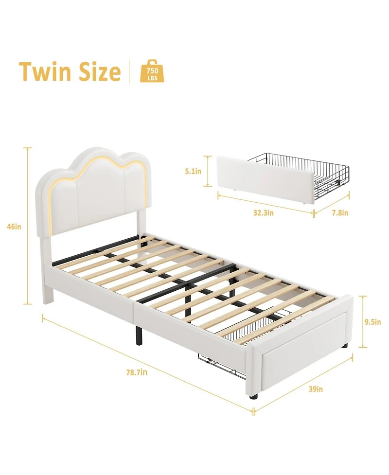 gaomon Twin Upholstered Bed Frame with Adjustable Headboard & Smart Led with drawer
