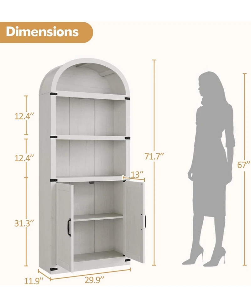 gaomon Bookcase with Doors Arched Bookshelf 71.65in Tall Bookcase Farmhouse Cabinet