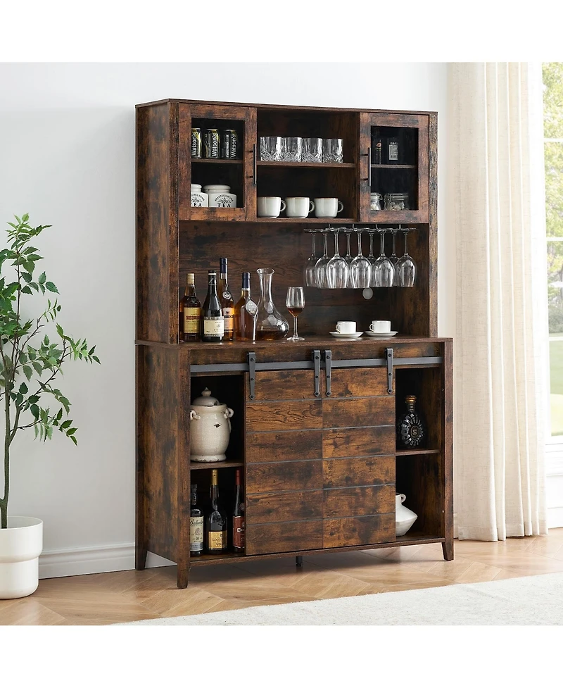 gaomon 70'' Tall Farmhouse Coffee Bar Cabinet, Kitchen Hutch Storage with Sliding Barn Door, Kitchen Buffet with Wine Rack, Glass Holder